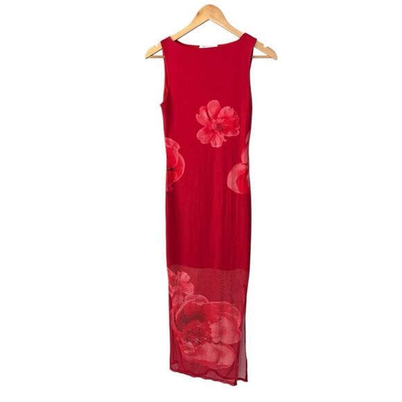 Red Floral Sleeveless Maxi Dress B FAMOUS 90s lined floral mesh y2k - Picture 1 of 5